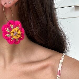 Two color handmade felt embroidered flower hoop earrings